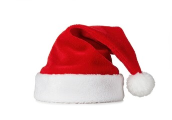 A classic santa claus hat with red fabric and white trim isolated on a plain white background