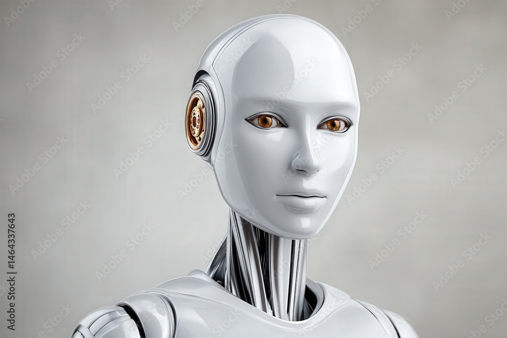 Poster futuristic android robot portrait showcasing intricate design and captivating amber eyes in a sleek 
