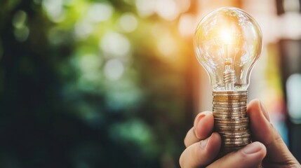 Illuminating financial acumen: Lightbulb atop a tower of savings coins