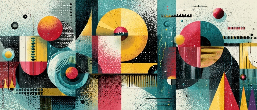 Poster vibrant geometric abstract art with circles, triangles, and retro color palette creating a dynamic a