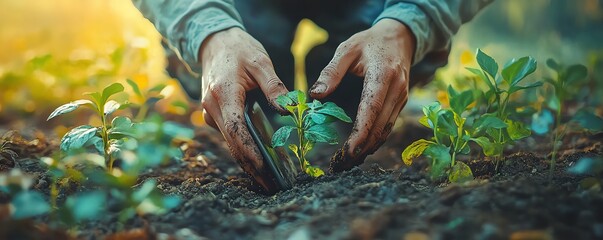 A pair of hands planting in soil, showcasing the joy of gardening while keeping distractions at bay, focusing on nature and growth.