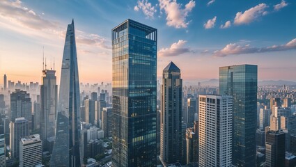 New York City's Manhattan skyline at sunset, with its towering skyscrapers and urban architecture, offers a breathtaking view of the vibrant downtown