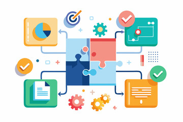 Fototapeta premium Business teamwork concept illustration featuring a diverse group of professionals discussing strategy in front of a colorful puzzle board with infographic elements like graphs, pie charts, and gears. 