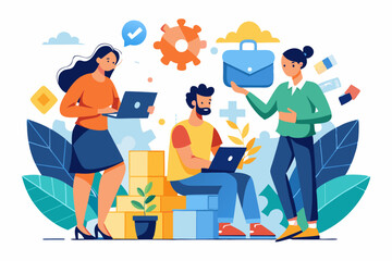 Obraz premium Business teamwork concept illustration featuring a diverse group of professionals discussing strategy in front of a colorful puzzle board with infographic elements like graphs, pie charts, and gears. 