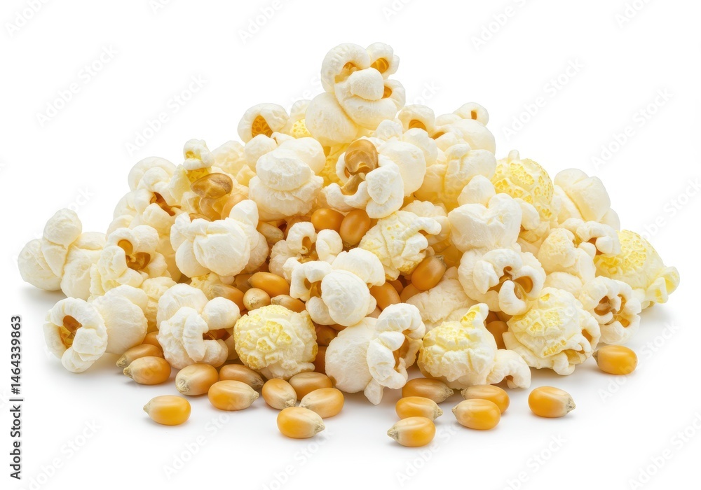 Poster pile of fluffy popcorn with kernels scattered around on a white surface in a close-up shot