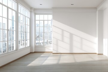A bright empty room with large windows overlooking a city skyline during the daytime with sunlight
