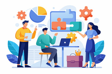 Business teamwork concept illustration featuring a diverse group of professionals discussing strategy in front of a colorful puzzle board with infographic elements like graphs, pie charts, and gears. 