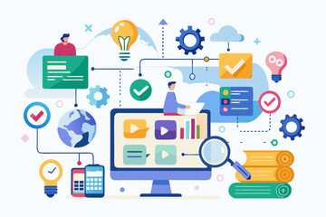 Business teamwork concept illustration featuring a diverse group of professionals discussing strategy in front of a colorful puzzle board with infographic elements like graphs, pie charts, and gears. 