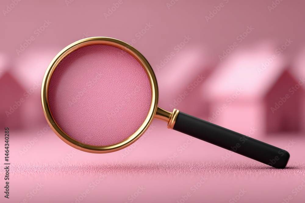 Poster magnifying glass resting on soft pink surface with abstract houses in the background creating a whim