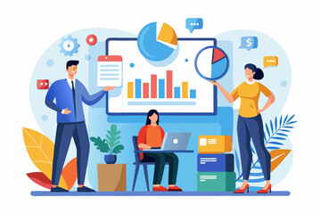 Business teamwork concept illustration featuring a diverse group of professionals discussing strategy in front of a colorful puzzle board with infographic elements like graphs, pie charts, and gears. 