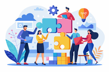 Business teamwork concept illustration featuring a diverse group of professionals discussing strategy in front of a colorful puzzle board with infographic elements like graphs, pie charts, and gears. 