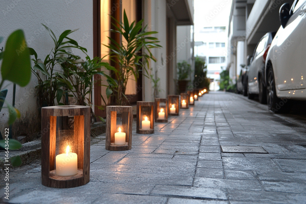 Poster glowing lanterns illuminate a serene garden creating an enchanting atmosphere at twilight