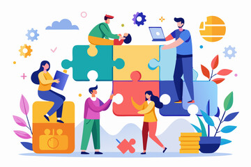 Business teamwork concept illustration featuring a diverse group of professionals discussing strategy in front of a colorful puzzle board with infographic elements like graphs, pie charts, and gears. 