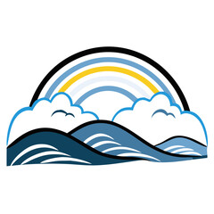 Colorful ocean waves with rainbow and clouds, representing nature's beauty and serenity