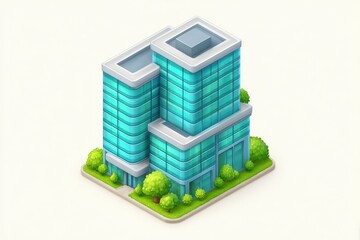 Modern office skyscraper design showcasing glass facade and lush greenery surrounding the building creating a harmonious blend of architecture and nature in an urban landscape