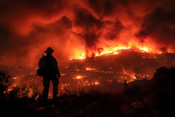 Fototapeta premium Firefighter Overlooks Intense Wildfire Scene in Mountainous Terrain
