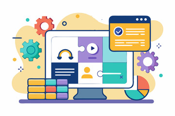 Business teamwork concept illustration featuring a diverse group of professionals discussing strategy in front of a colorful puzzle board with infographic elements like graphs, pie charts, and gears. 