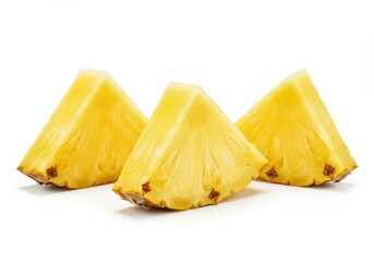 Three pineapple wedges with yellow flesh sit on a white surface in a studio shot