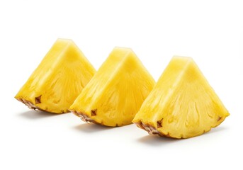 Three pineapple wedges arranged in a row on a white surface, showcasing the fruit's vibrant yellow color