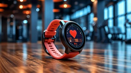 Modern fitness smartwatch technology showcasing heart rate monitoring in stylish gym environment for health enthusiasts.