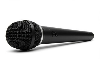 Black dynamic microphone with metal mesh head and cylindrical handle on a white surface in a studio setting