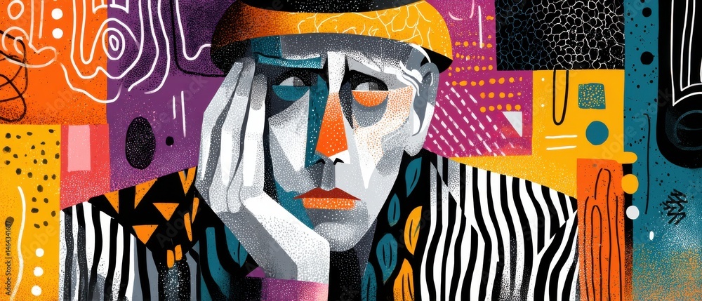 Aufkleber contemplative senior man portrait in vibrant abstract art style, expressing thoughtful mood and arti