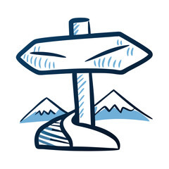 Direction signpost illustration in a simple mountain landscape design representing adventure