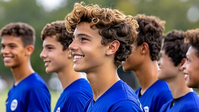 Smiling teenage boys in blue soccer jerseys stand in a row outdoors on a sunny day.  The focus is on the central figure, with a shallow depth of field blurring the others.  The background is a softly