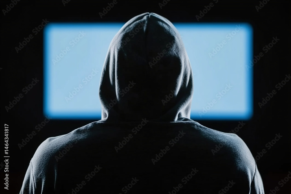 Poster hacker in a hood working intensely in front of a glowing computer screen at night in a dark room