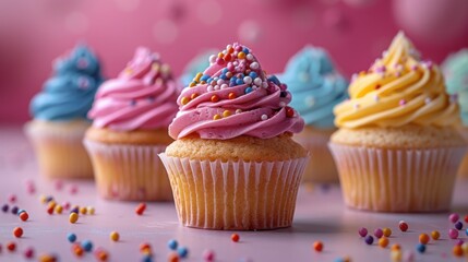 Cupcakes with different colored frosting on them food background