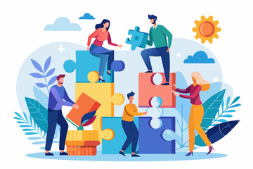 Business teamwork concept illustration featuring a diverse group of professionals discussing strategy in front of a colorful puzzle board with infographic elements like graphs, pie charts, and gears. 