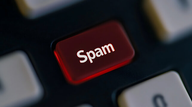 A keyboard key labeled "Spam" stands out, symbolizing junk or unwanted digital content. Its red color adds a sense of urgency to the message. - Powered by Adobe