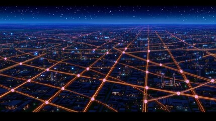 Aerial Night City View With Glowing Connections