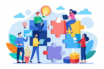 Business teamwork concept illustration featuring a diverse group of professionals discussing strategy in front of a colorful puzzle board with infographic elements like graphs, pie charts, and gears. 