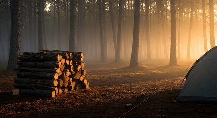 Camping in Foggy Forest with Tent and Stack of Wood