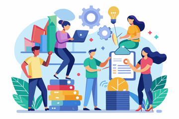 Business teamwork concept illustration featuring a diverse group of professionals discussing strategy in front of a colorful puzzle board with infographic elements like graphs, pie charts, and gears. 