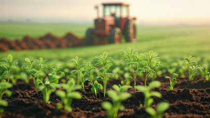 A red tractor plows a field, preparing soil for crops with young plants visible.