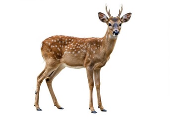 Fototapeta premium Spotted fawn standing alert with small antlers on a plain white background in a studio shot