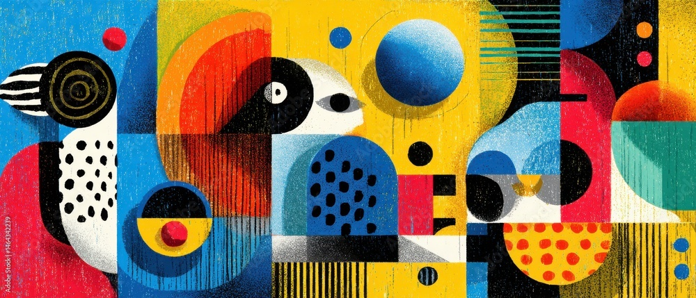 Poster vibrant abstract geometric shapes in bold primary colors creating a modern art composition with a re