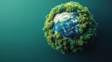 Fototapeta premium Small Earth globe fully covered by lush green vegetation on teal background.