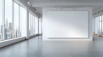 Bright art gallery interior with large windows overlooking city and blank canvas on the wall space