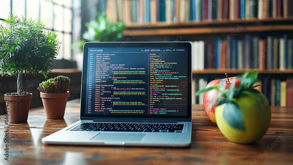 Poster creating productive workspace with laptop displaying code surrounded by plants and apples in vibrant