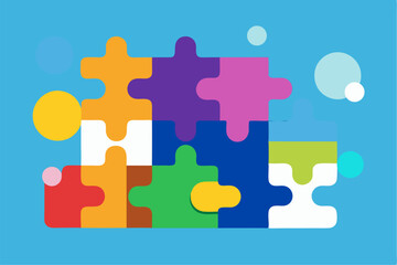 Business teamwork concept illustration featuring a diverse group of professionals discussing strategy in front of a colorful puzzle board with infographic elements like graphs, pie charts, and gears. 