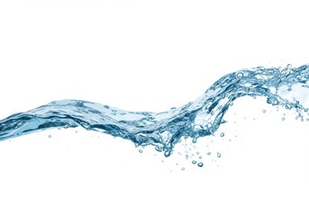 Clear water wave with bubbles and splashes on a white background, showing movement and purity