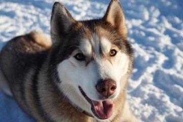Naklejka premium Happy Siberian Husky Resting on Snow During Winter Outdoor Day