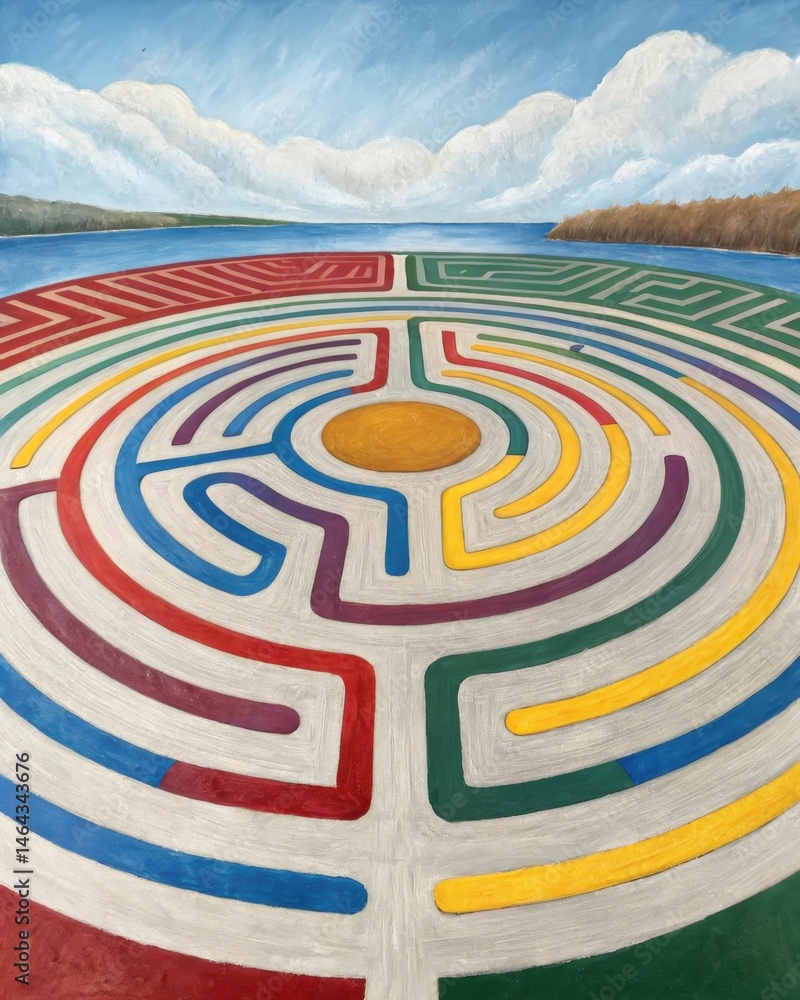 Poster a vibrant labyrinth painted on a canvas with colors representing different emotions tied to various 