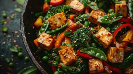 Pan with tofu and vegetables in it world vegetarian day food background