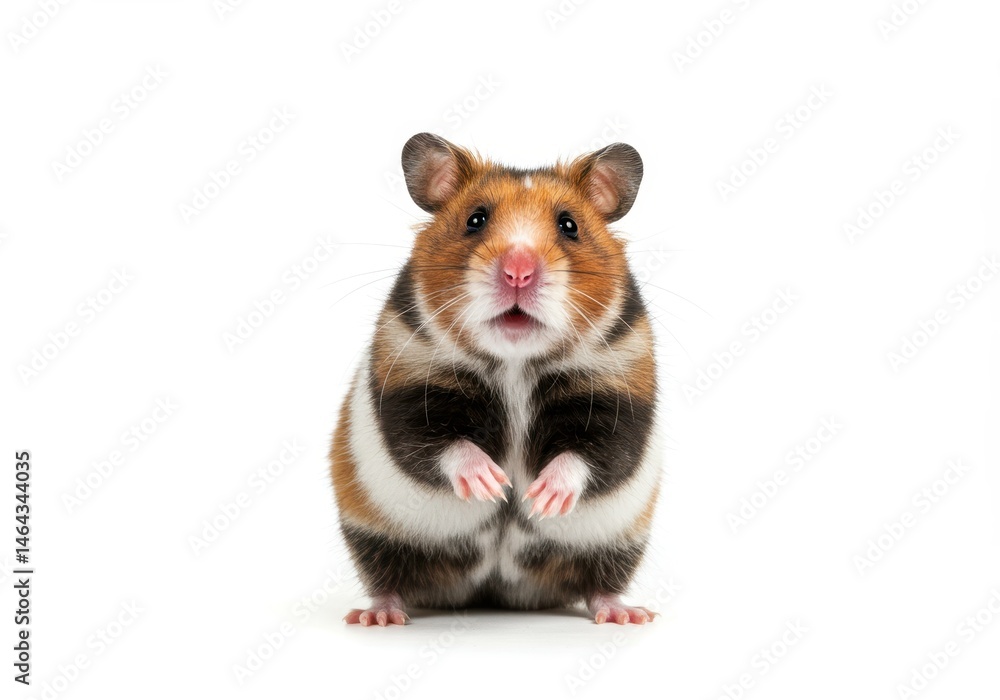 Poster syrian hamster stands upright with a surprised expression on a white background in a studio setting