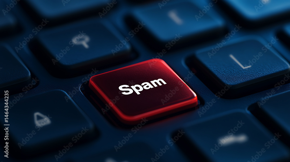 Aufkleber a dark, modern computer keyboard shows a red 'spam' key, indicating junk mail. it suggests digital s