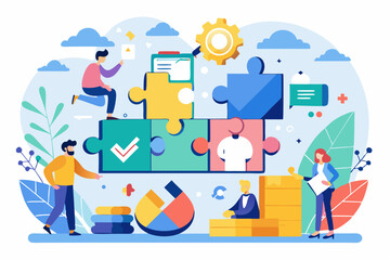 Business teamwork concept illustration featuring a diverse group of professionals discussing strategy in front of a colorful puzzle board with infographic elements like graphs, pie charts, and gears. 